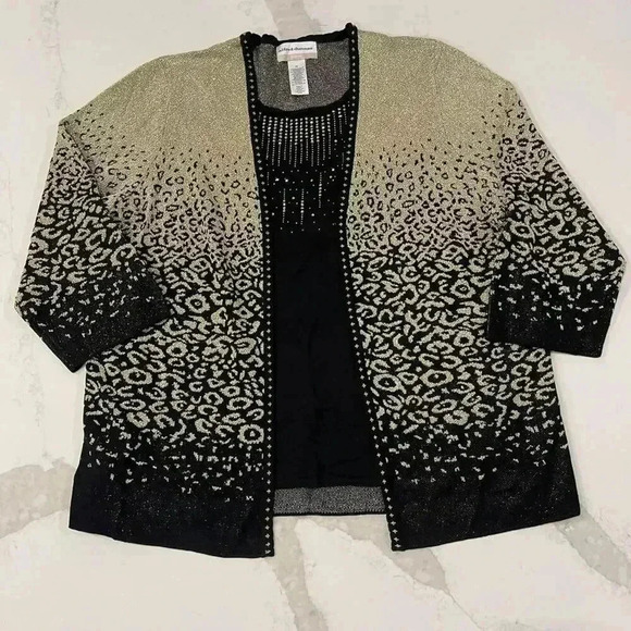 Alfred Dunner Cardigan Sweater Top Women’s 1X Sparkly Black Gold Leopard Print - Picture 1 of 7